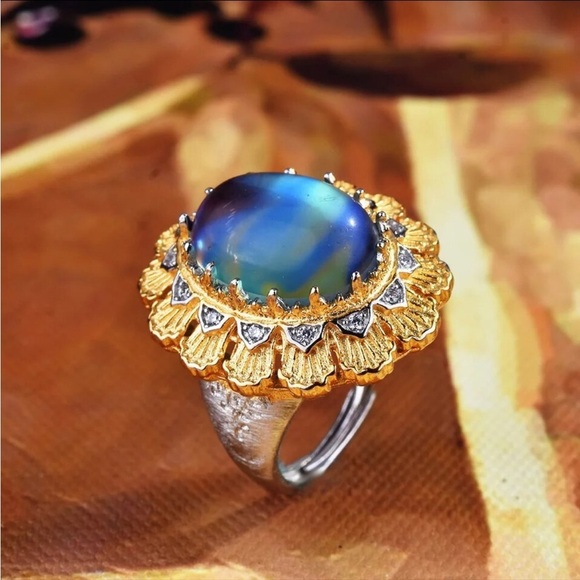 NWOT Gorgeous large cocktail ring with blue stone adjustable size - Picture 2 of 15